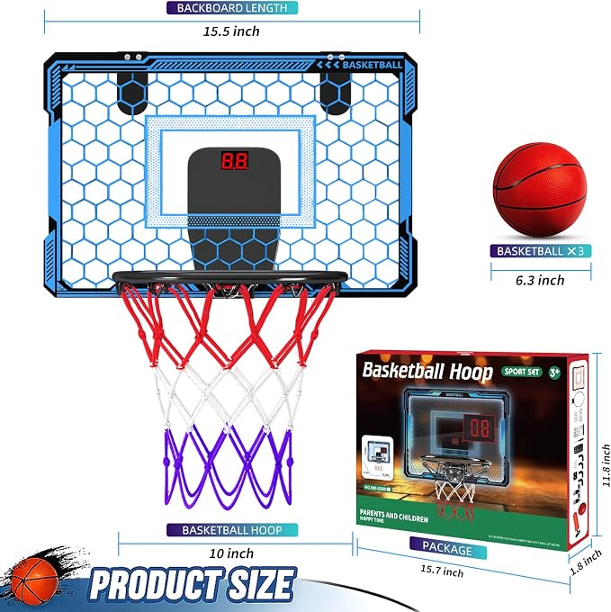 Molutsody Over The Door Basketball Hoop, for Kids (Blue) | Mini Hoop with LED Light & Scoreboard. Includes 3 Balls & Air Pump. Gifts for 4-12 Year Old Boys Girls