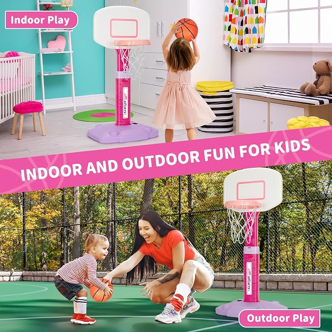 Toddler Basketball Hoop Indoor for Age 1-3, Adjustable Kids Basketball Hoop, Mini Basketball Hoops with 3 Balls for Outdoor Poolside, Birthday Christmas Sport Toys Gift for Baby Boy Girl 1 2 3 4, Pink