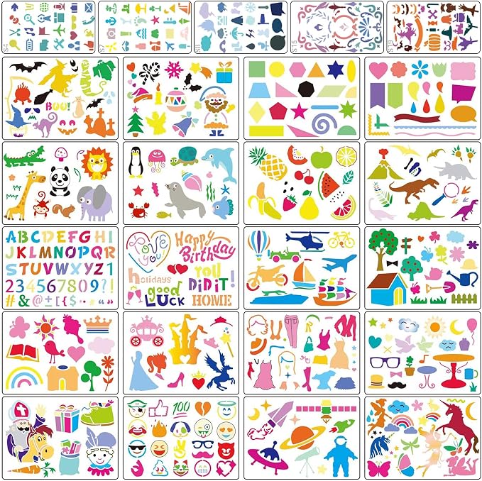 Stencil Drawing Kit for Kids, 25 Pcs Plastic Drawing Stencils with 400+ Shapes, Great Birthday Gift for Boy Girl
