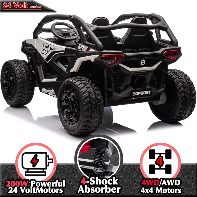 sopbost XL 24V Real 2 Seater Kids UTV Ride-On Car with Remote Control 4x4 4WD Electric Vehicle for Kids 3-8 to Drive, Bluetooth Music, 4 Spring Suspension, 21.85" Spacious Seat - White