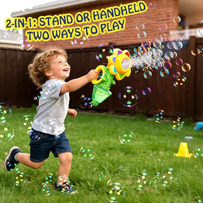 AIERSA Flower Bubble Stand Machine,Sunflower Bubble Maker with Lights, Tall Adjustable Rechargeable Automatic Bubble Blower for Outdoor Backyard Party