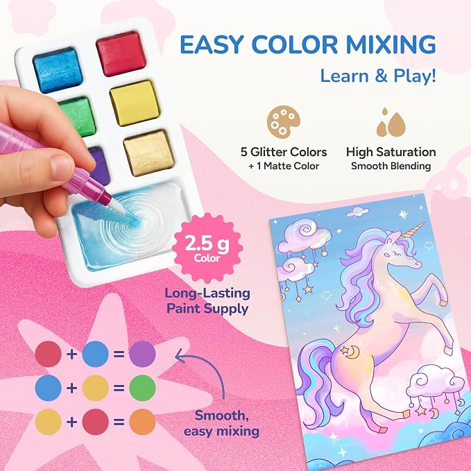 JoyCat Pocket Paint with Water Coloring Books for Kids, Art & Craft Activity Toy Set, Creative Travel & Home Painting Kit, Gifts for Girls & Boys Ages 3-8 (Magical Pony)