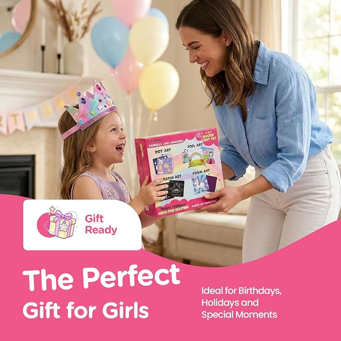 Princess 4 IN 1 Craft Box for Kids | 24 Arts & Crafts for Girls Ages 4-8 | Unicorn Toddler Art Set Craft Kits All Supplies Included | Birthday Girl Preschool Projects 3 4 5 6 7 8 Year Old Girls