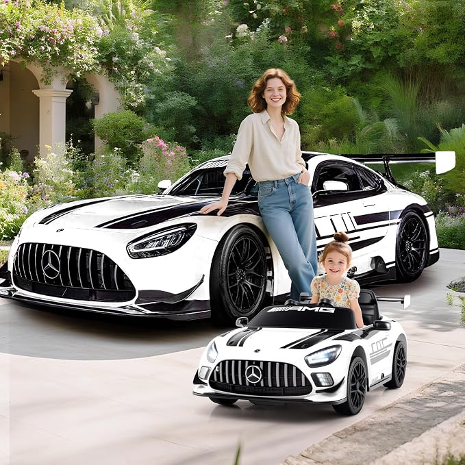 Costzon Ride on Car, 12V Licensed Mercedes-AMG GT3 Kids Car with Remote Control, 3 Speeds, LED Lights, Music, Wireless, Transport Wheels & Soft Start, Electric Vehicle for Toddlers Aged 3+ (White)