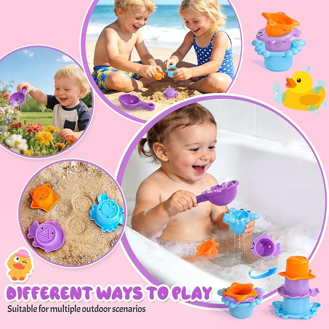 Toddler Bath Toys for Kids Ages 1-3 Waterfall Bathtub Toys for Toddlers 2-4 | with 3 Stacking Cups No Mold Baby Bath Toys Interactive Duck Shower Toys for 1+ Year Girl Gifts with Strong Suction Cups Pink