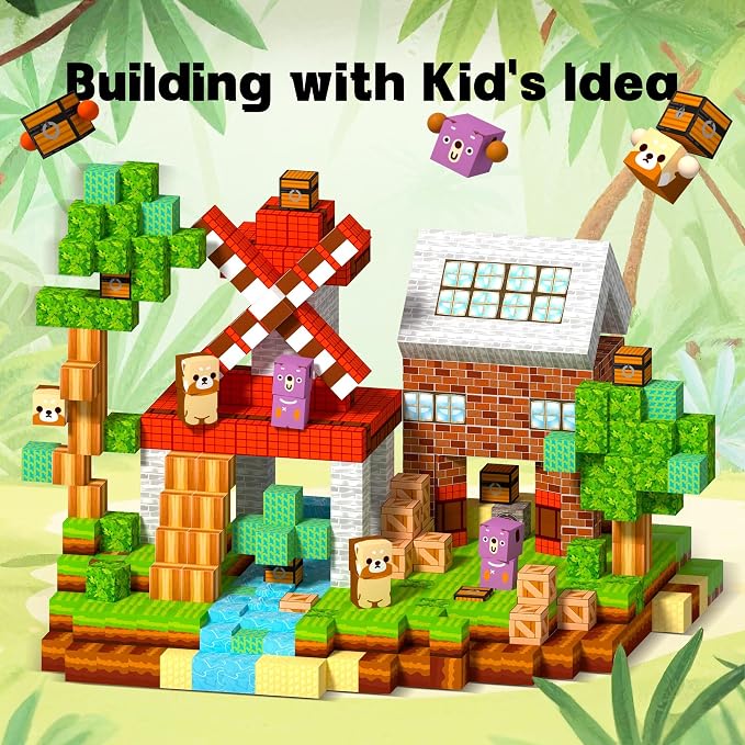 150 PCS Magnetic Building Blocks Toys-Magnet Cubes Green Forest Set Creative Stacking Titles for Kids STEM Montessori Learning Birthday Gifts for Toddler Age 3+ Years Old Boys and Girls