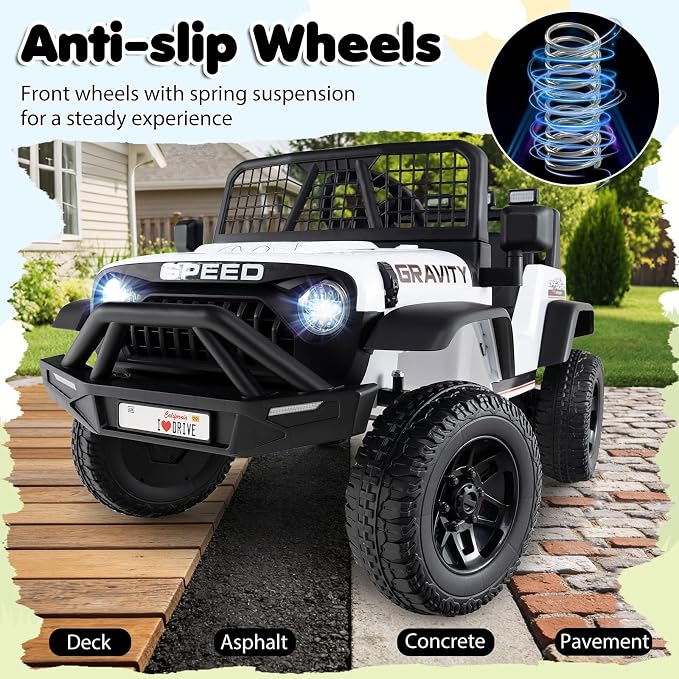 Costzon Ride on Truck, 24V Ride on Toys for Kids, Electric Vehicle with Parent Remote Control, Music, Horn, LED Headlights & Spring Suspension, Kids Car for Boys & Girls Aged 3+ (24V,White)