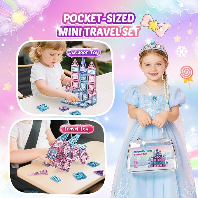 Magnetic Tiles Princess Toys, Princess Castle Travel Magnetic Blocks with Metal Box & 2 Dolls, Mini Magnet Tiles for Girls Pretend Play, Magnet STEM Sensory Gifts for Toddlers 3-5 4-8 8-12 Years Old