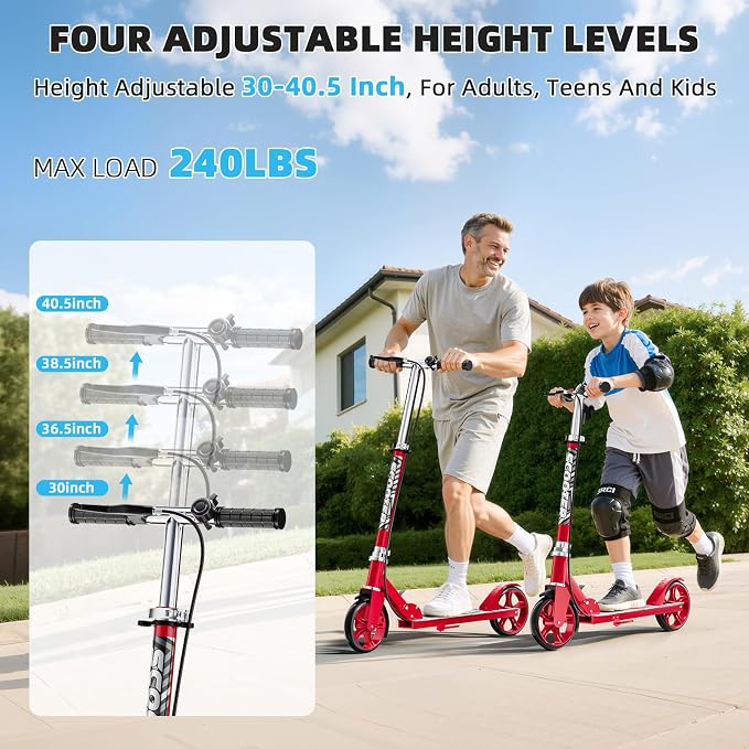 Scooters for Kids 8-12, Teens & Adults - Lightweight, Foldable, 8-Inch Big Wheels, Hand Brake & Bell, 4 Adjustable Height Levels, 240 lbs Max Load, Perfect for School, Campus and Park Rides