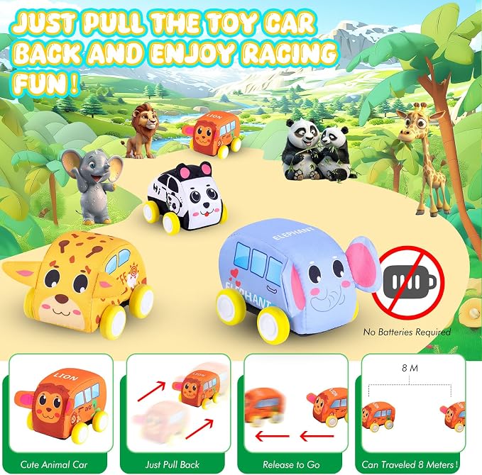 Jetbotell Soft Pull Back Vehicle Set for Toddler Toys Age 1-3 | 4 Cute Animal Cars | Vibrant Animal Designs | Safety & Easy Cleaning | Fine Motor Skills | Simply Pull Back and Release!