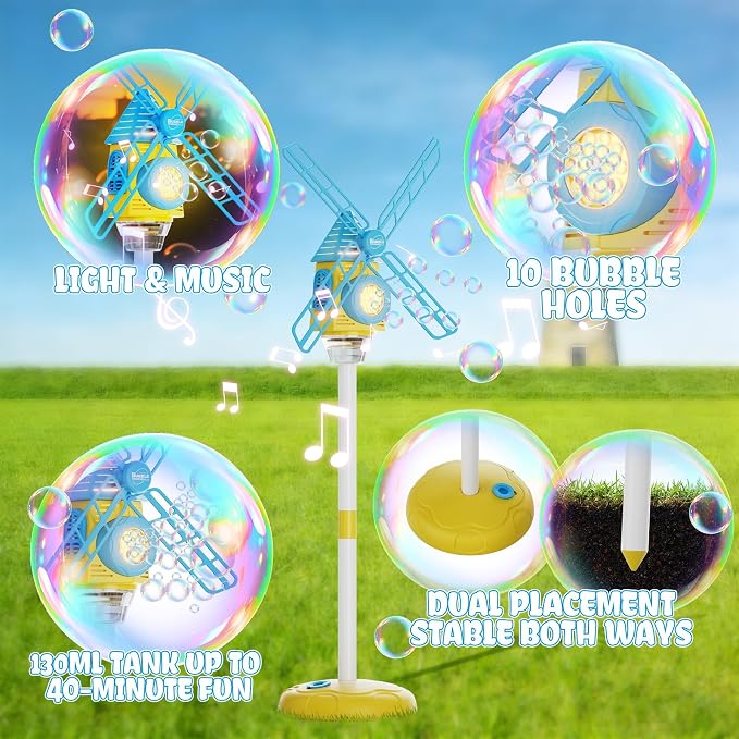 Windmill Bubble Machine for Kids, 51" Adjustable Height Standing Bubble Maker with Lights & Music, 10-Hole Battery Operated Bubble Blower with 130ml Tank, Outdoor Backyard Party Toys for Toddlers