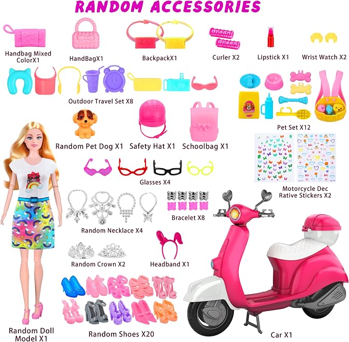 75 Pcs Doll Scooter Set, Doll Clothes and Accessories, Doll Playset Dress up Toys for Girls Kids Toddlers, Gift Toys for Age 3 4 5 6 7 8