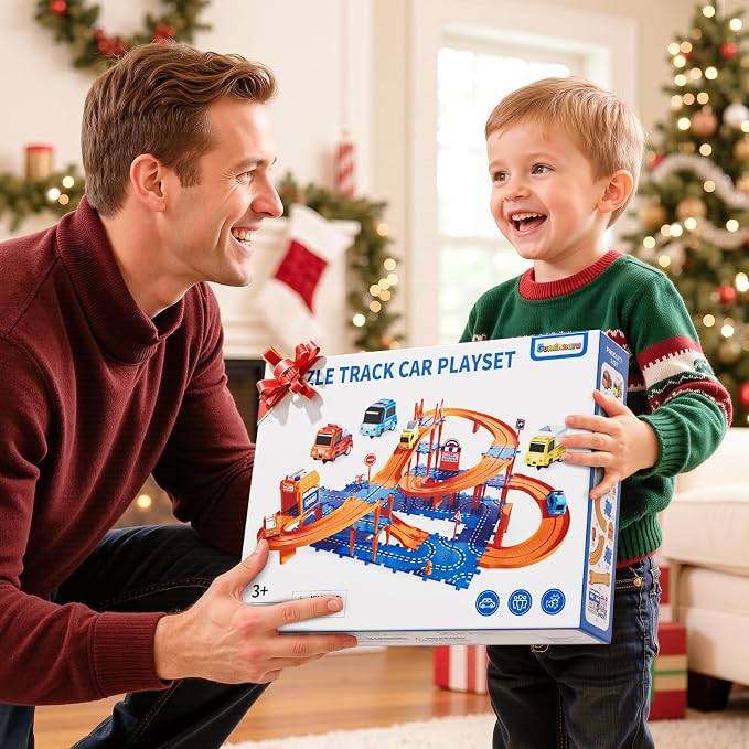 Puzzles Track Race Cars Toys for Kids Age 3-8 5-7, 4-Tier Race Track with 3 Cars, Toddler Educational Floor Puzzle Car Games Toys for Boys and Girls Toddlers, 3 4 5 6 7 8 Years Birthday Gift