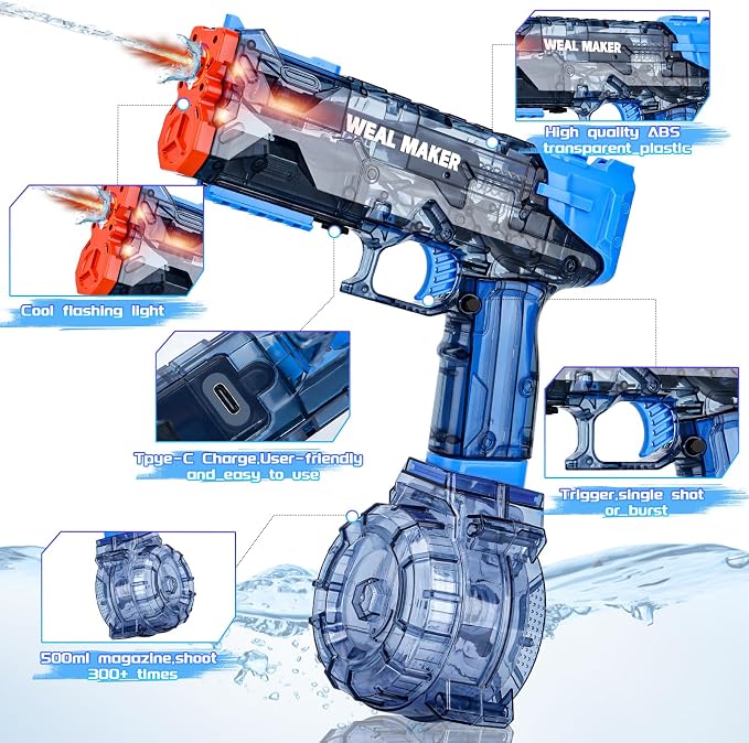 Electric Water Gun with LED Flash & USB-C Charging, Designed for Epic Aquatic Fun, Automatic Squirt Guns 25-30 FT Range, Realistic Water Pistol for Summer Outdoor Backyard Water Theme Party Toys