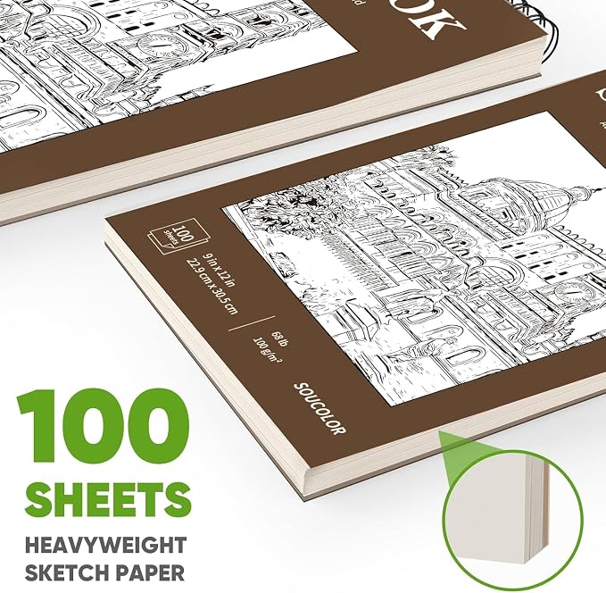 Soucolor 9" x 12" Sketch Book,Top Spiral Sketch Pad,100 Sheets 68lb Acid-Free Sketchbook Drawing Paper Supplies for Pencil & Charcoal Sketching, Art Supplies for Kids, Adults & Beginners
