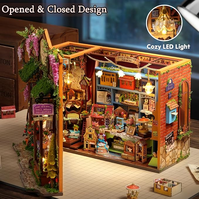TuKIIE DIY Miniature House Kit with Furniture, 1:24 Scale Creative Room Opened & Closed Wooden Doll House Book Nook Plus Dust Proof for Kids Teens Adults(Dollhouse Shop)