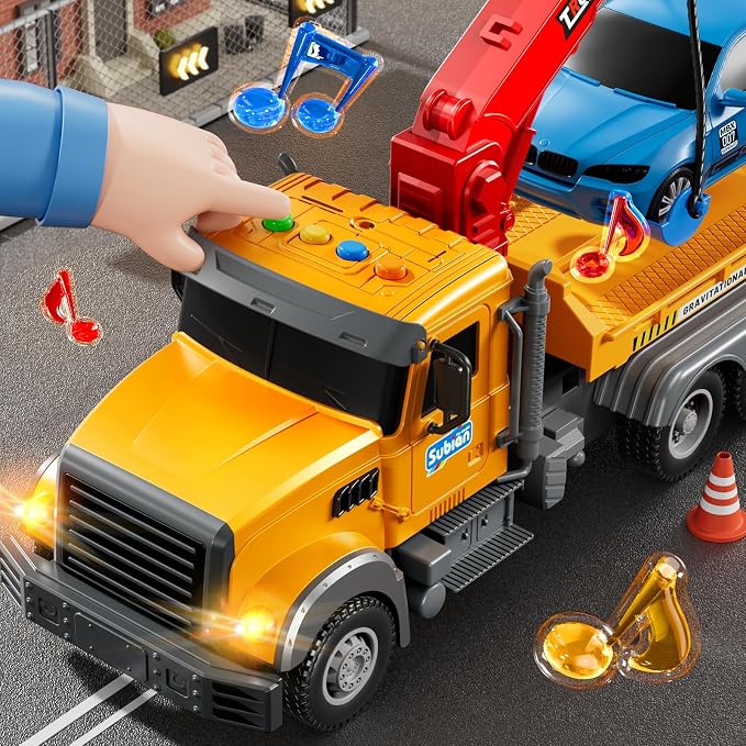 JUKUDAHU Tow Trucks for Toddlers 2-4 Years Old - Flatbed Truck Toy for Kids Aged 3-5 4-8,Friction Powered Transport Crane Toy with Light and Sound, Racing Car, Birthday Gifts for Boys Girls