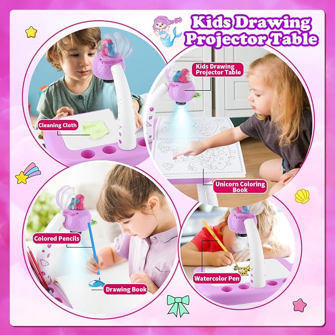 Hoarosall Drawing Projector for Kids, Drawing Board Pad, Color Pens, Pencils, Crayons, Scrapbook etc,Tracing Projector, Ideal Toy for 3+ Year Old Girls (Mermaid Kit)