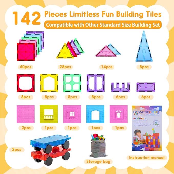 Upgraded Antibacterial Magnetic Tiles 142PCS with 2 Cars, Built-in Antibacterial Protection, Inhibits Bacterial Growth for Healthier Play, STEM Educational Building Blocks for Kids Aged 3+