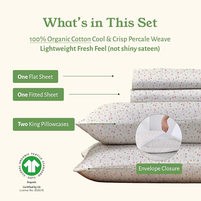 California Design Den King Floral Sheet Set, 100% Organic Cotton Percale Sheets, Deep Pocket King Sheets & Pillowcase Set - Floral