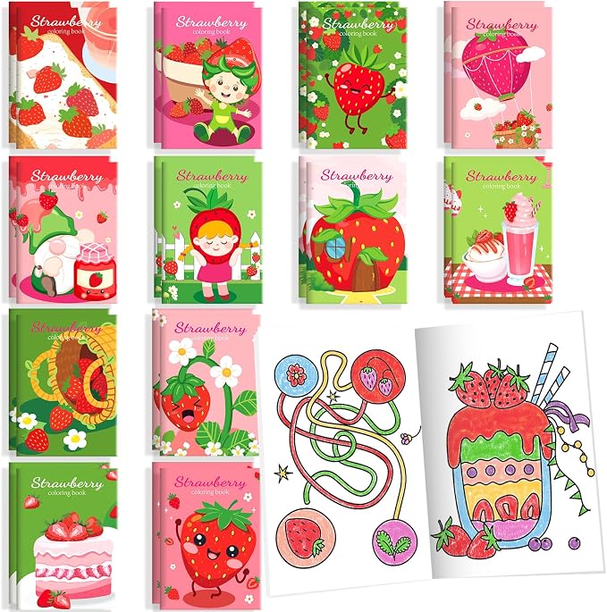 BenLouis 24 Pcs Strawberry Mini Coloring Books Kids Berry Party Favors Small Activity Books for Kids Girl Fruit First Birthday Bridal Baby Shower Goodie Bags Stuffers Return Gifts Classroom Travel
