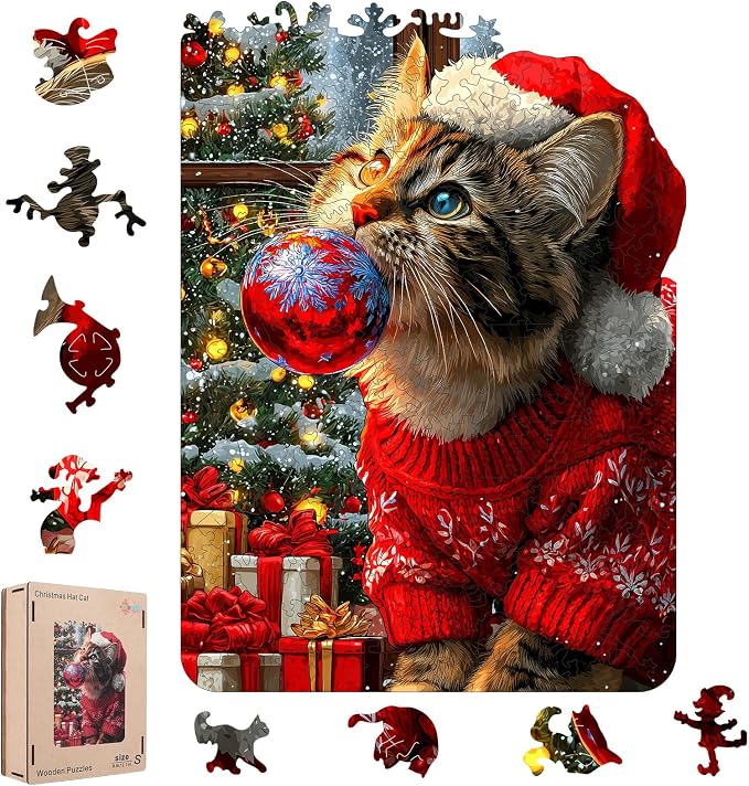 MEATRN Christmas Hat Cat Jigsaw Puzzles - 490 Pcs Handmade Wooden Puzzle with Unique Shapes, Stress Relief & Educational Fun, Family Game Night 13.4×18.3 Inch, Best Gift for Friends