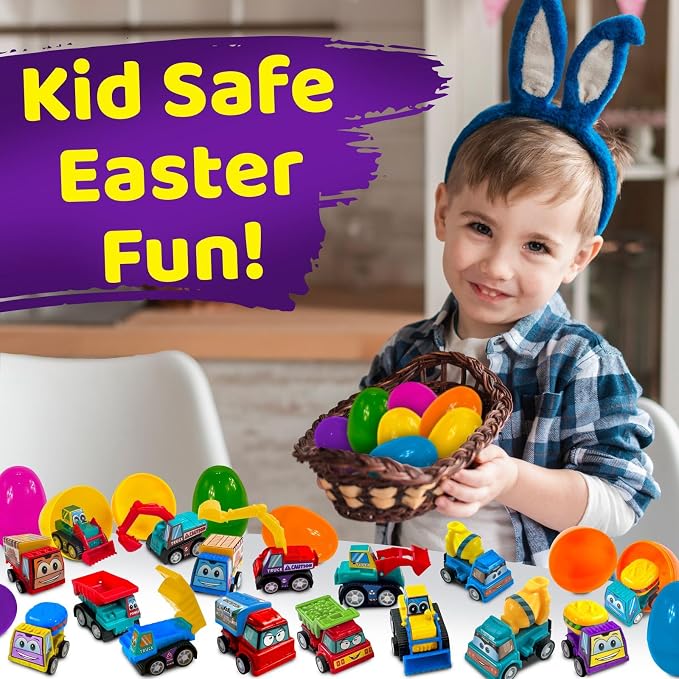 stargo 16 Pack Colorful Prefilled Easter Eggs bulk with toys - Mini Car set Construction Engineering Vehicles pull-back cars. Plastic Easter Eggs Filled, Basket Fillers, Party Favors, Boys Goodie Bags