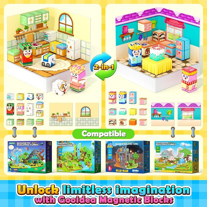 Gooidea Magnetic Blocks - 2-in-1 Magnetic Building Blocks, Creative Building Craft, Sensory Clicking & Rustling, Travel Toys, Kids Toys Games, Pocket-Sized Kitchen Magic Display