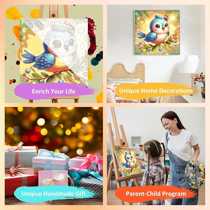 Paint by Numbers Kit for Kids with Frame, Bird Paint by Numbers for Kids Ages 4-8-12, DIY Bird Acrylic Oil Painting for Home Wall Art Decor Gift 7.8x7.8 inch (with Frame Easel)