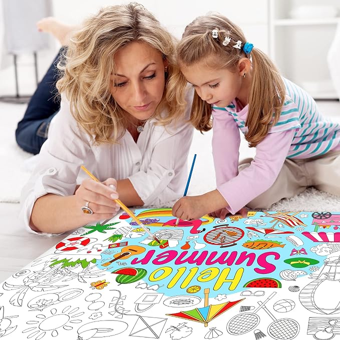 ZOIIWA Hello Summer Coloring Poster Giant Coloring Poster Large Summer Coloring Tablecloth Jumbo Coloring Books Classroom Home Birthday Party Supplies Favor 31.4 x 43.3 Inch