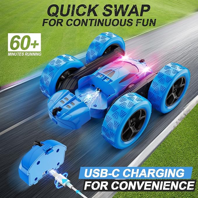 QUNREDA Remote Control Car, RC Cars Toys for Kids Ages 6-12, 4WD Stunt Car with LED Lights & 360° Flips, 2.4GHz, Upgraded USB-C Modular Batteries, 8-10 Year Old Boys Birthday Gift 1-Blue