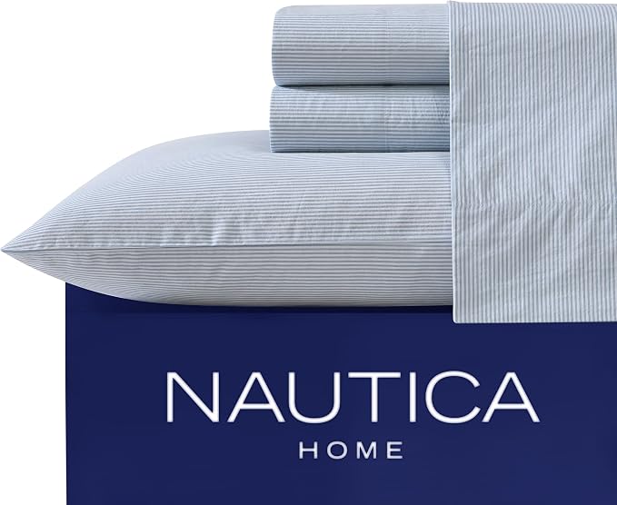 Nautica – Full Size Sheet Set, Crisp Cotton Percale Bedding with Matching Pillowcases, Lightweight & Breathable Bed Sheets, Deep Pocket, College Dorm Room Essentials (Penny Pinstripe Blue)