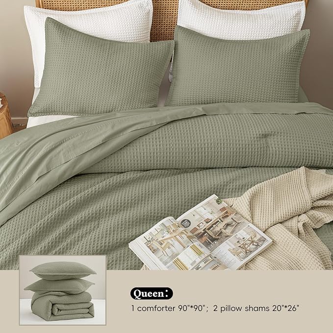 David's Home Waffle Weave Comforter Set 3PCS Queen Size, Soft Breathable Lightweight Cozy Skin-Friendly Warm for All Season, Elegant Aesthetic Home Decor Bedding Set with Pillow Shams, Dusty Sage