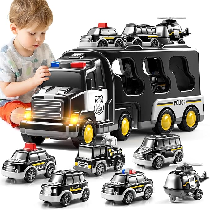 JUKUDAHU Police Truck Toy for 3-9 Years Old Boys & Girls - 7 in 1 Black Carrier Vehicle Set with 5 Toy Cars & 1 Helicopter, Friction Powered Car for Kids Age 1-3, Birthday Gifts for Toddlers 3-5