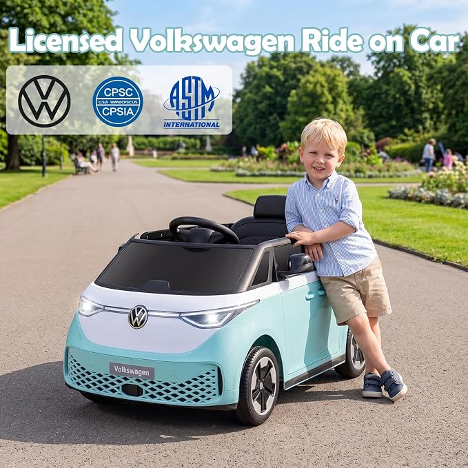 Costzon Ride on Car, 12V Licensed Volkswagen Kids Car Bus with Storage Compartment, Music, Story, Spring Suspension, LED Headlights, Electric Vehicles for Boys Girls Aged 3-7 (Aqua Blue)