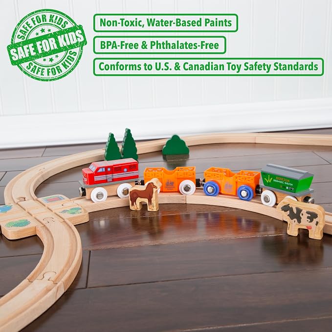 ORBRIUM Wooden Train Set 12 Magnetic Train Cars & Engines 18 PCS Collection Animal Trains Circus Farm Safari Zoo Compatible w Thomas Brio Melissa & Doug Wooden Railway for Toddlers Kids