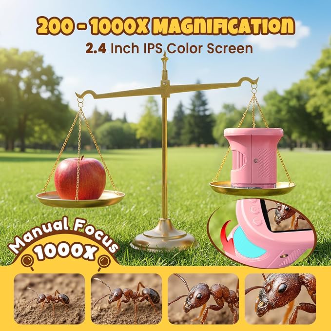 Handheld Digital Mini Microscope for Kids: 1000X 4K Portable Pocket 2.4" Screen Microscopes Toys STEM Electronic Learning Educational Science Kit 8-12 Birthday Gift 4 5 6 7 Year Old Boy Girl (Pink)