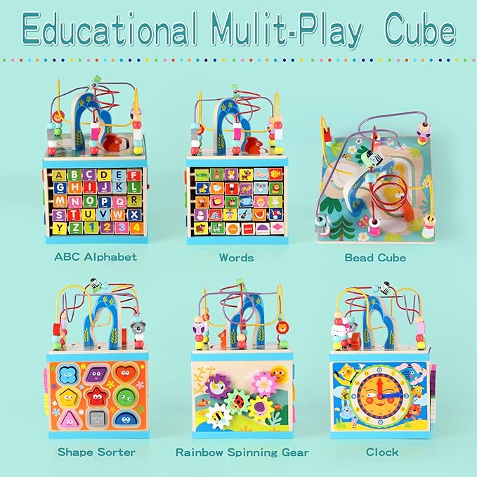 Qilay 5-in-1 Wooden Activity Cube for Toddlers 1-3(Large),Multipurpose Toddler Activity Center with Bead Maze & Shape Sorter, Early Educational Toy First Birthday Present for Boys Girls