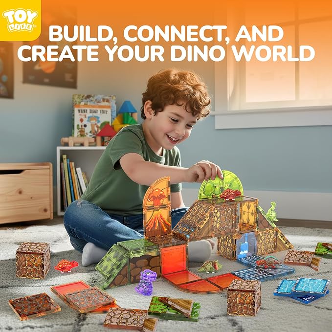 TOY Life 79PCS Magnetic Tiles Dinosaur Toys Set, Magnet Building Blocks Lava Dino World for Kids Ages 3-5, Jungle Animals Construction Toys for Toddlers 4-8, STEM Educational Gift for Boys & Girls 3+