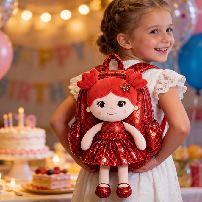 Lazada Toddler Backpack - Baby Girl Gifts Plush Doll Dress Backpack - Fashion Girls Tina Fish Scale Series - Red 11 Inches