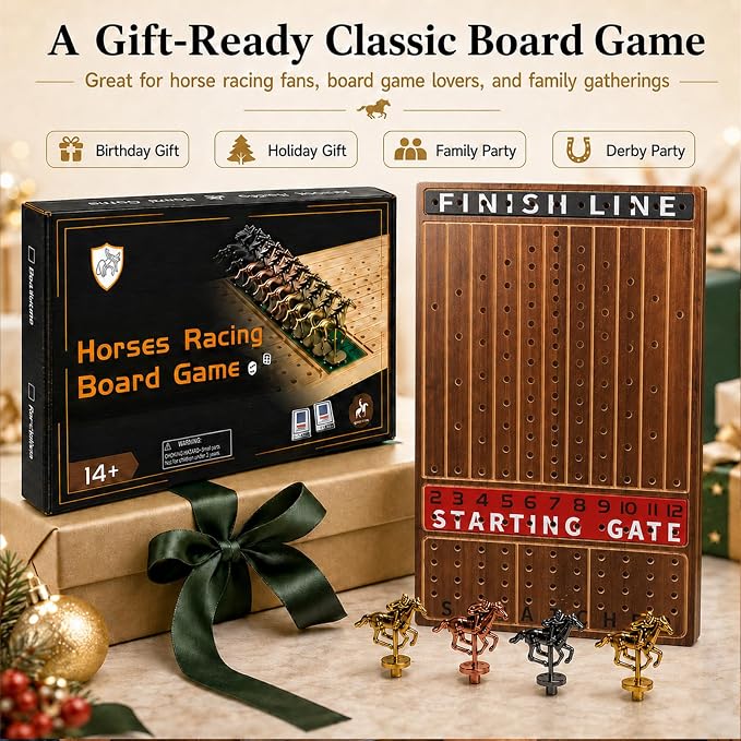 Jyquorp Horse Race Board Game Wooden Kentucky Derby Party Game Set with 11 Metal Horses, 2 Dice & 2 Card Decks, Large Solid Wood Horse Racing Board Game for Family & Adults (15.6" x 10")