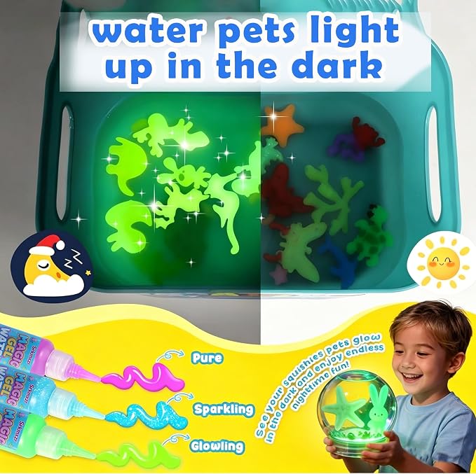 Glowing Magic Water Elf Toy Kits, Aqua Fairy Water Gel for Kids, 24 Gels 20 Molds, Squishies Squishy Toy Maker, Arts Crafts Magic Gel Water Pets Set for ages 3+ Girls Boys Toys Birthday Christmas Gift