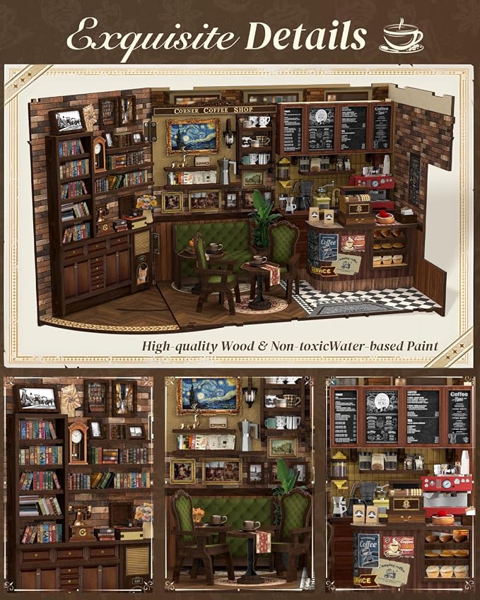 Cutefun Book Nook Kit - DIY Miniature Coffee Shop Booknook Kits for Adults and Teens, 3D Wooden Puzzle Bookend Bookshelf with LED Light, Creative Crafts Gifts for Book Lovers (Corner Coffee Shop)