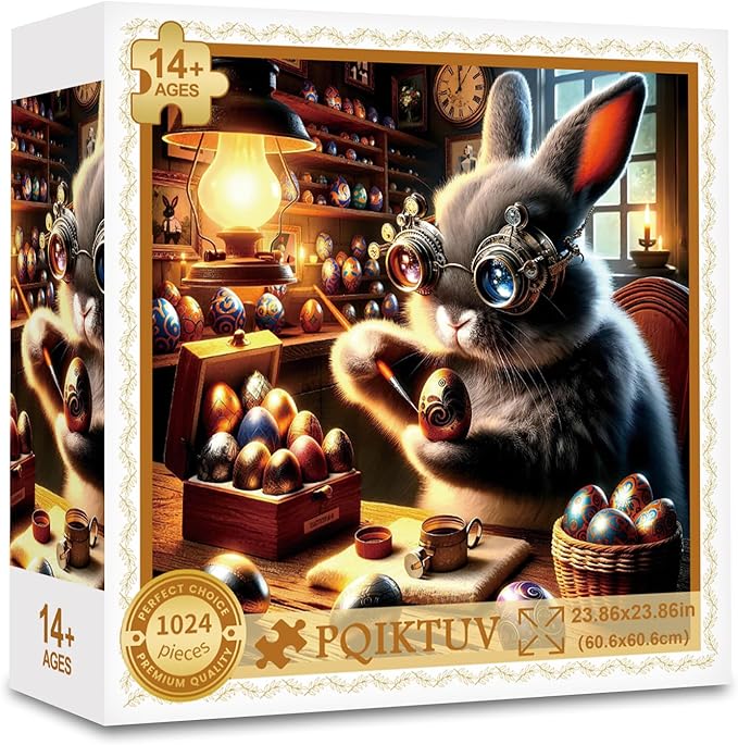 Jigsaw Puzzle for Adults, Steampunk Bunny Painting Easter Eggs | Fantasy Art, Impossible Puzzle for Family, Whimsical Wall Decor Gift for Animal & Craft Lovers, 1024 Piece, 23.86" x 23.86"