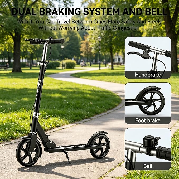 Scooters for Kids 8-12, Teens & Adults - Foldable&Portable Commuter Scooter with 8" Wheels, Bell, Hand Brake & Adjustable Height 30"-40.5", 240 lbs, Manual Push Scooter for Campus & Park