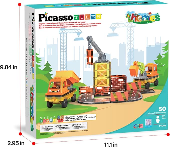 PicassoTiles Magnet Tile Construction Themed Building Blocks 5-in-1 Crane, Ladder, Dump Truck, Excavator, and Backhoe Action Figures, 2 Car Base Vehicles Magnetic Tiles Learning Toys Kids Ages3+ PTU06