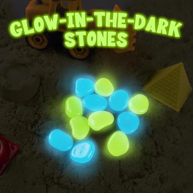 Carolart Construction Sensory Bin, Mess-Free Sandbox Playset with Glow in The Dark Stones, Play Sand with Toy Excavator and Bulldozer, Sensory Sand Activity Kit, STEM Gift for Boys Girls Ages 3-8