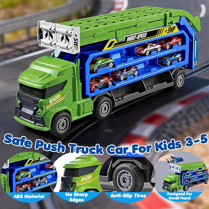 Race Track Truck Toys for 3 4 5 6 Years Old Kids - Carrier Truck Transport Car with 6 Die-Cast Cars Toys, 4-in-1 Truck with 2 Foldable Race Tracks, Christmas Birthday Gifts Toy for Toddler Boys, Cyan