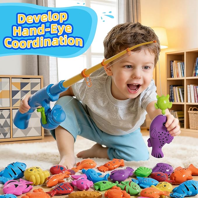 Magnetic Fishing Game Set for Toddlers 1-3 & Kids Age 3-5 Fishing Toys Includes Pole Rod Net & Floating Fish Water Table Bathtub & Pool Play Accessory with Ocean Animals for Summer Fun