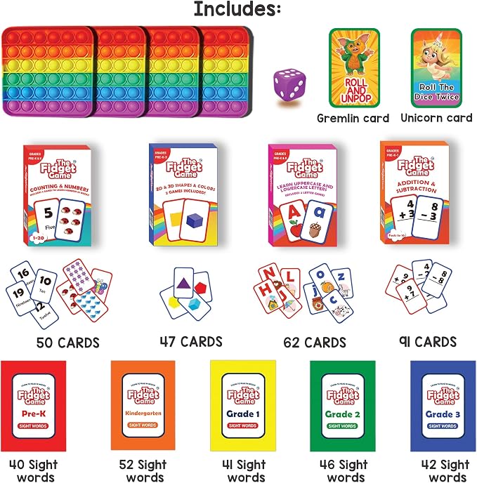 THE FIDGET GAME Kindergarten Learning Bundle - Flashcards and Pop Fidget Toys for Kids Pre-K to Grade 3 - Learning Activities and Games for High-Frequency Dolch Sight Words - Includes Mats and Dice